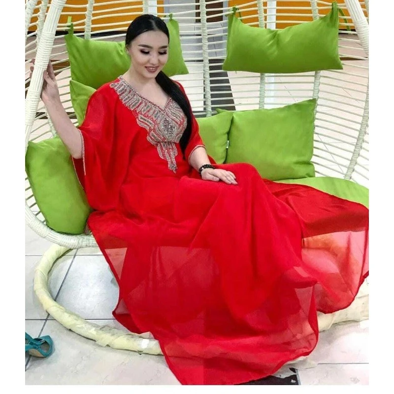 Red Kaftans Farasha Abaya Dress From Dubai Morocco Very Fancy Long Dress with European and American Fashion Trends