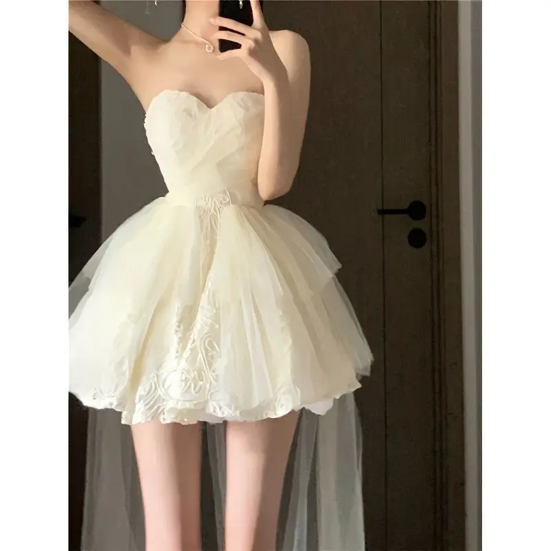 Princess Style Dress for Women's Summer Waist Reduction and Slimming Bareback Mesh Splicing Strapless and Puffy Skirt