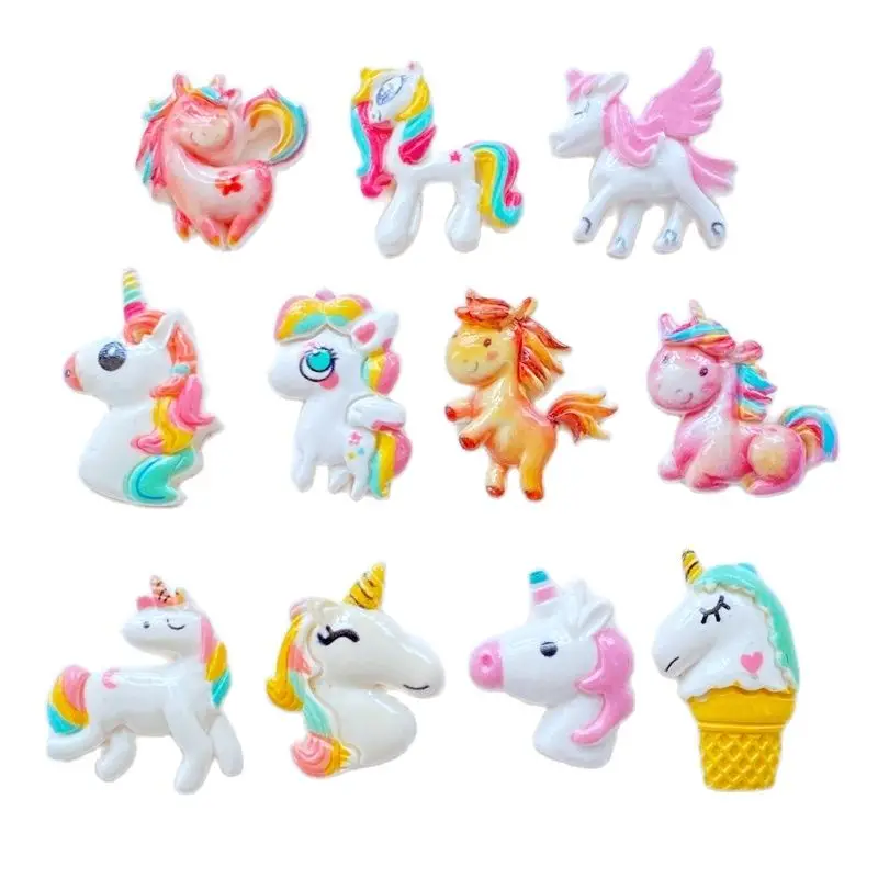 Mini licorne à dos plat en résine, 10 pièces, nouveau mélange de dessins animés, Cabochons en résine, pendentif, porte-clés, breloques, décoration DIY
