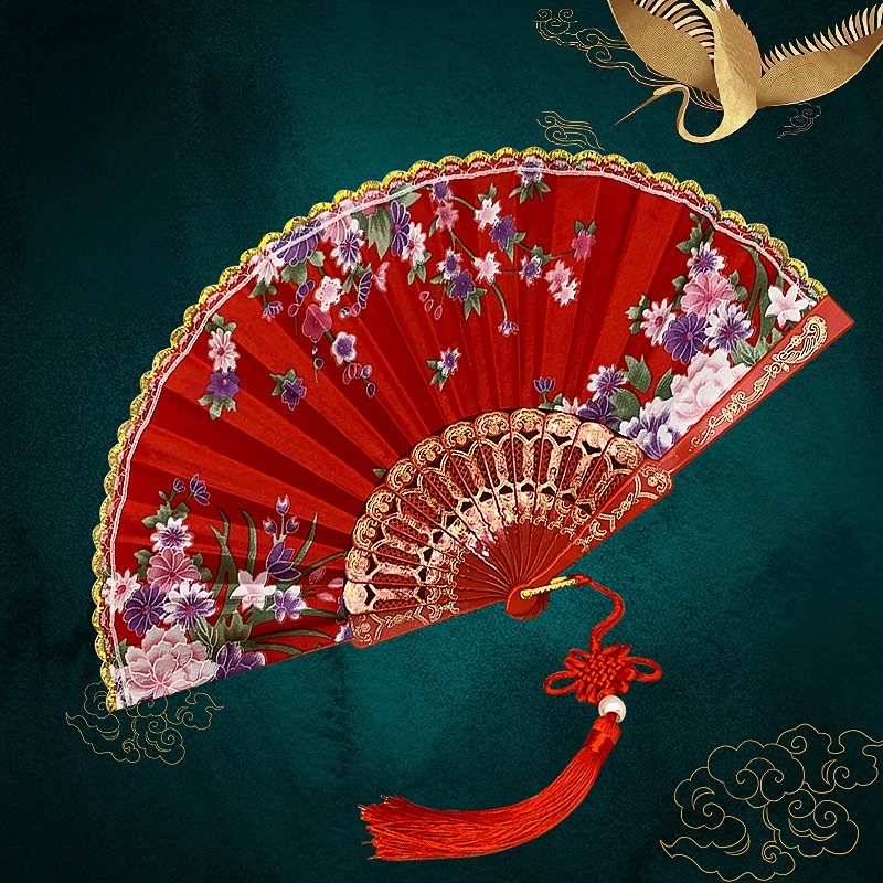 Ventilador dobrável artesanal personalizado pano de seda decorativo ventiladores de borda de ouro estilo chinês dança tradicional chinesa