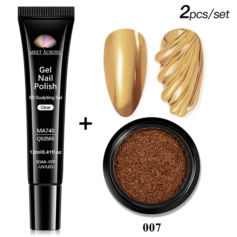 2 ピース/セット 5D 彫刻ジェルミラーメタリックパウダーフレンチスタイル DIY 彫刻ソリッドネイルチップジェルラインストーン接着剤成形