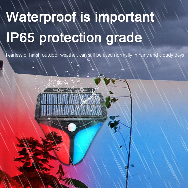Luces de alarma solares para exteriores, sistema de seguridad de 4 modos, detección de cuerpo humano, sonido y luz de advertencia para pared, jardín