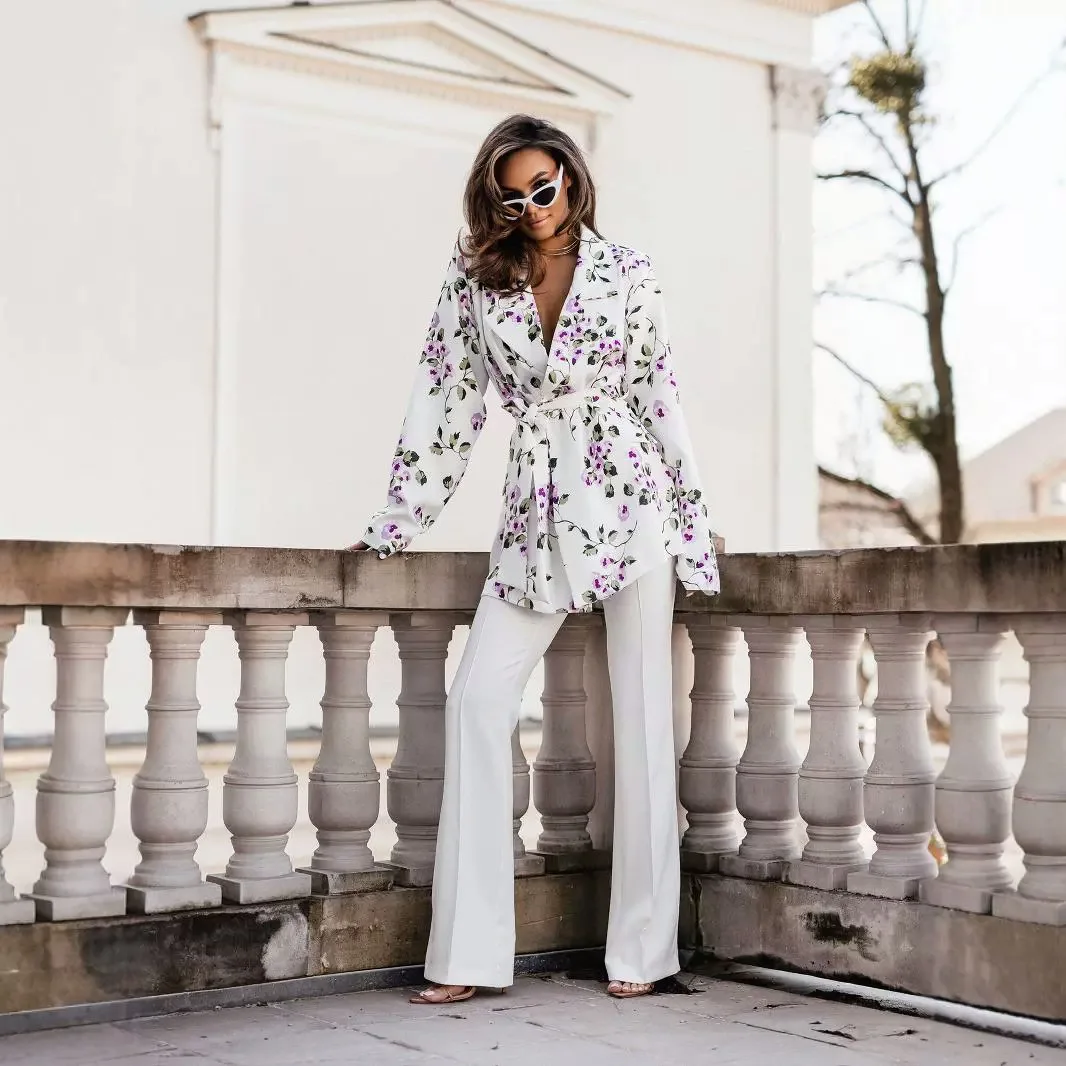 

Autumn Fashion Printed Lapel Small Suit Jacket Long Sleeve Lace-Up European American Style Women's Top Outerwear