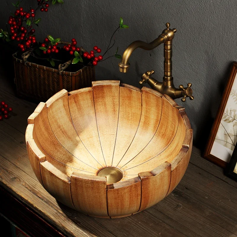 

Ceramic antique Retro countertop basin Washbasin Wood grain carving art Round
