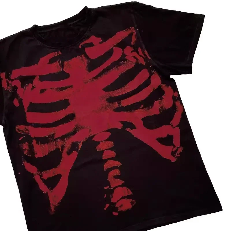 AT Absurd Town Blackred Black Red Skull Dark Goth Goth Y2K Shibuya Short-sleeved T-shirt Men Clothing  Graphic T Shirts