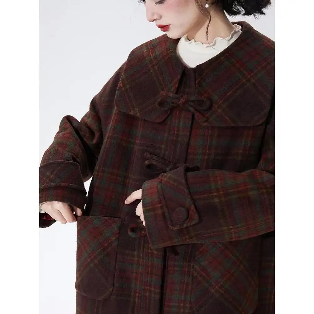 

Fashionable Temperament Plaid Navy Collar Woolen Coat For Women In Winter, Cotton Clip Butterfly Bow Medium Long Woolen Coat