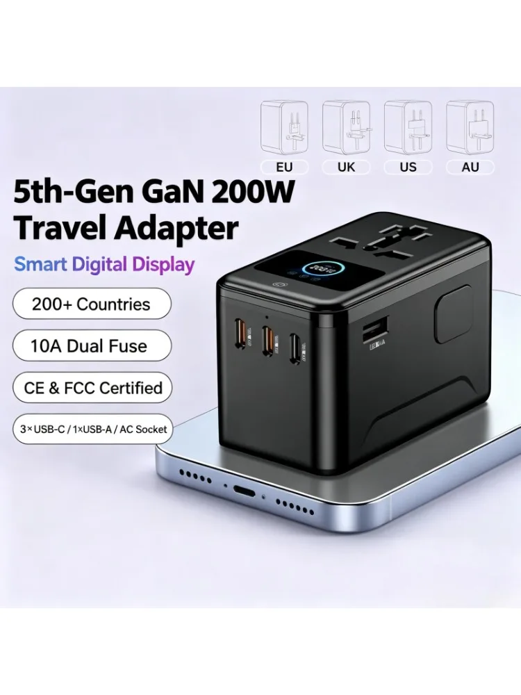 AliExpress NONE Travel Adapter 200W Digital Display Animation Fast Charging Conversion Socket Universal Plug For Global Travel Trip Use