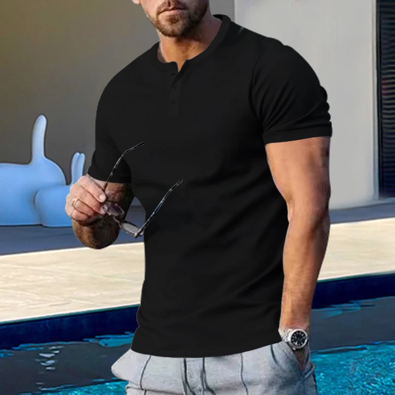 Sommer Neuer Trend Herren Buttondown Henry Rundhals Kurzarm Herren Slim Solid Color T-Shirt – Detail 6