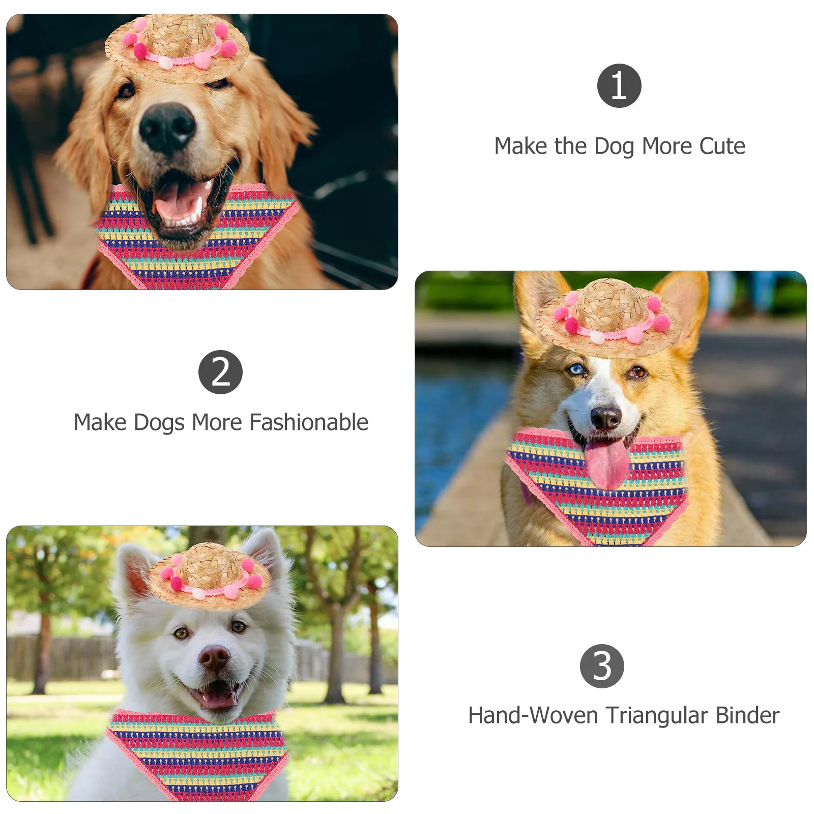 

1Set Pet Straw Hat Bandana Small Dog Cat Woven Sun Hat Set Scarf Lightweight Pet Costume Cosplay Party Photo Prop