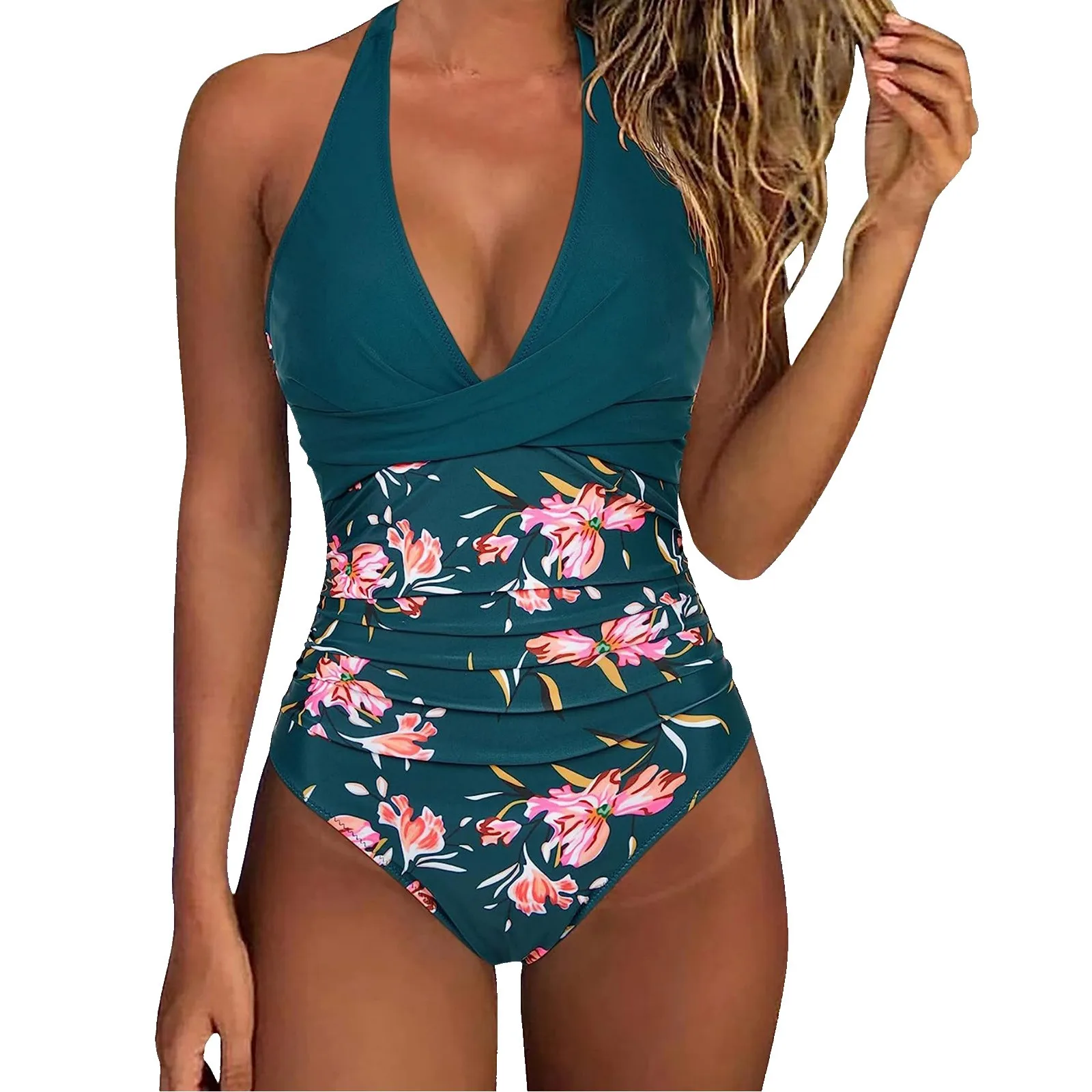 2024 New Swimwear One Pieces Color Print Splicing Backless Hanging Neck Strap Women\'s Swimsuits Deep V Neck Slim Fit Sexy Bikini