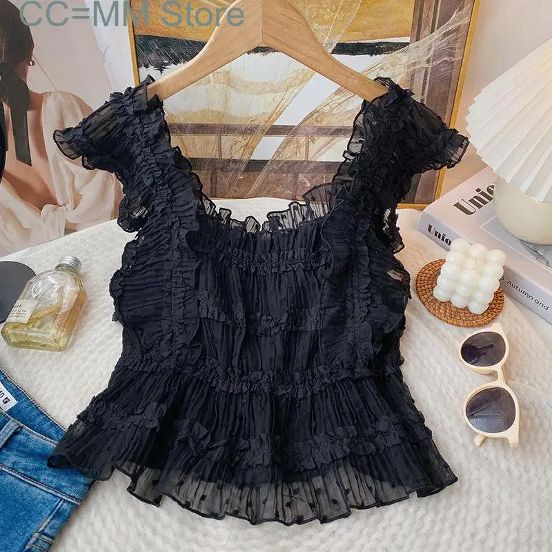 New Elegant Tank Top for Women Summer Sleeveless Square Collar Slim Tanks Ruffles Korean Fashion Casual Crop Top