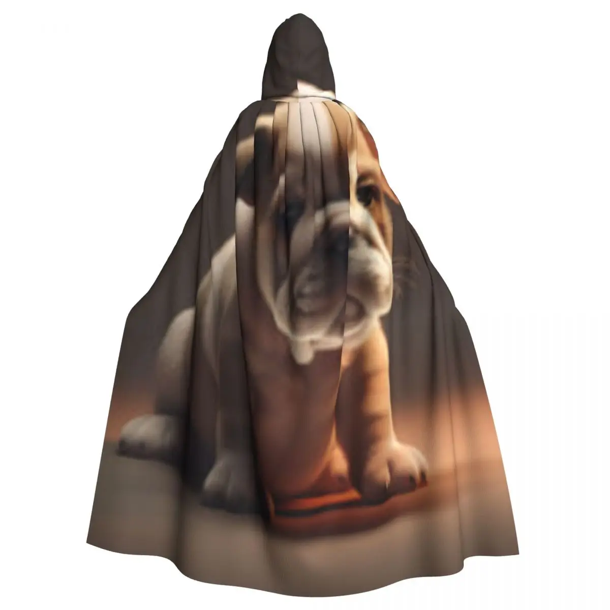 Adult Halloween Cute English Bulldog Print Cloak Cape Hooded Medieval Costume Full Length Dress Coat