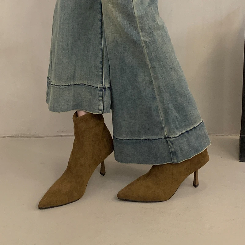 Comemore الخريف أشار تو الجلد المدبوغ النساء حذاء من الجلد مثير رقيقة عالية الكعب الزفاف أحذية الحفلات السيدات أنيقة تمتد الجوارب القصيرة