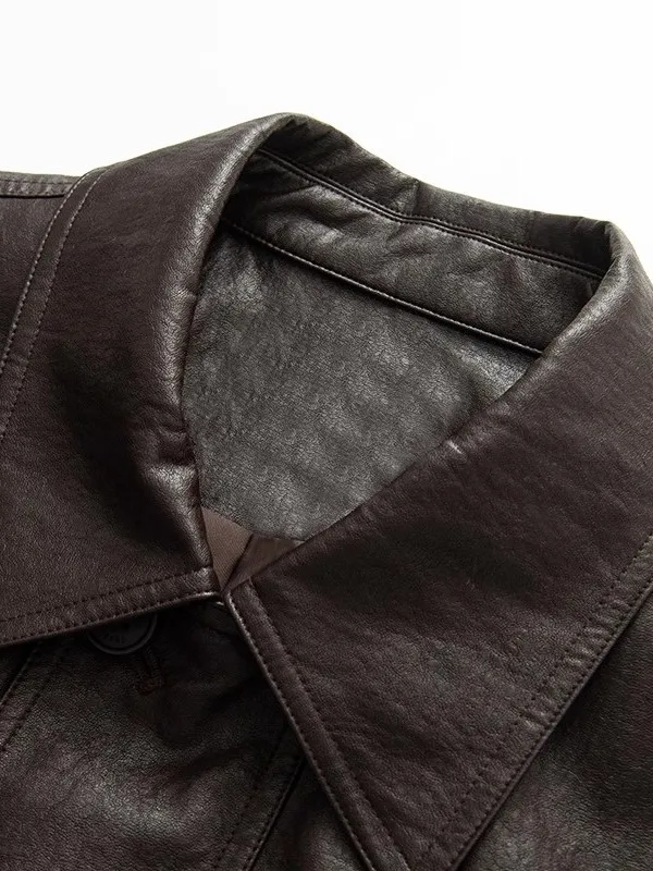 معطف نسائي من جلد البولي يوريثان من Ele Retro للخريف متعدد الاستخدامات وياقة متوسطة الطول للتنقل بقصة عادية طويلة...