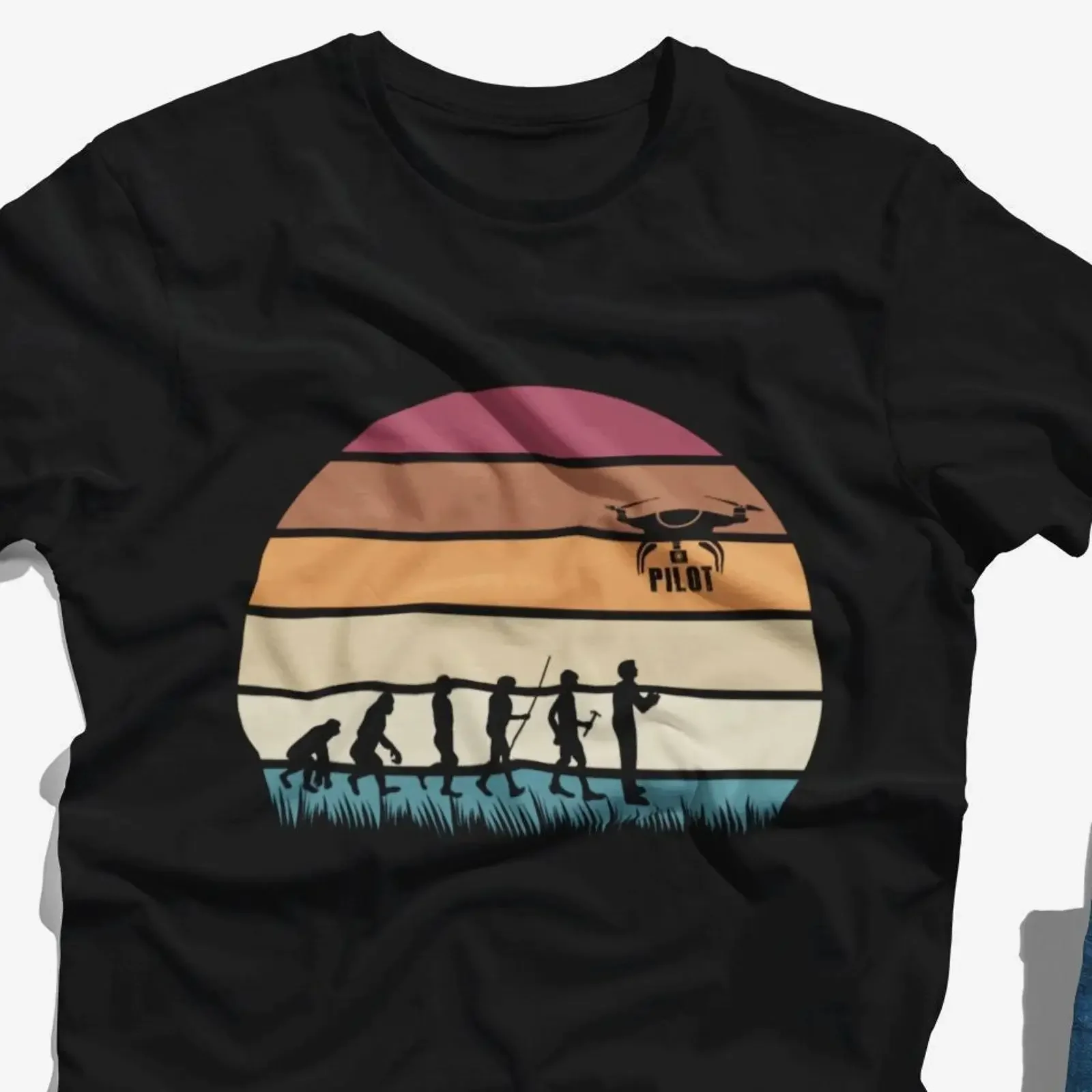 Vintage Sunset Human Evolution Drone Pilot T Shirt Funny Quadcopter Photography for Hobbyists vintage Washed Casual Soft
