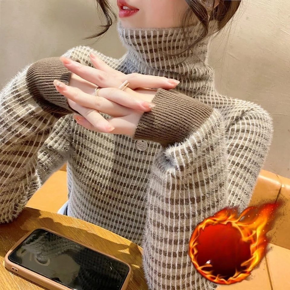 

2024 Women's New Winter Plus Velvet Knitted Tops Female Striped Cashmere Sweater Tops Ladies Long Sleeve Slim Pullovers B769