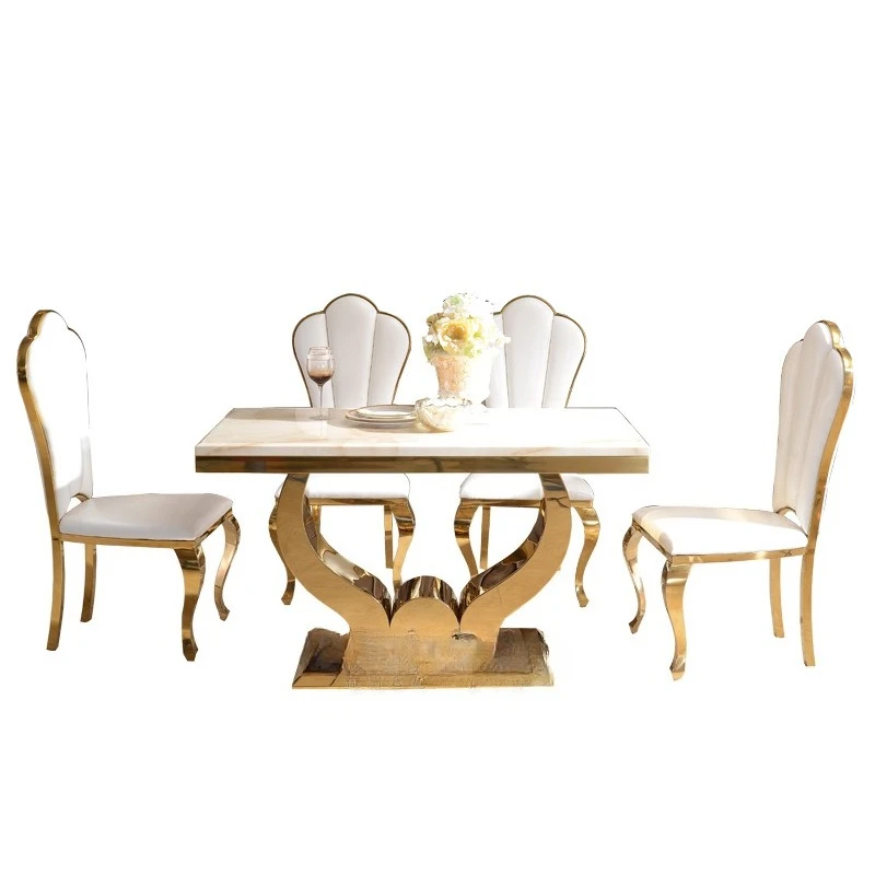 

Hong Kong-style light luxury stainless steel marble dining table and chair combination simple postmodern metal small