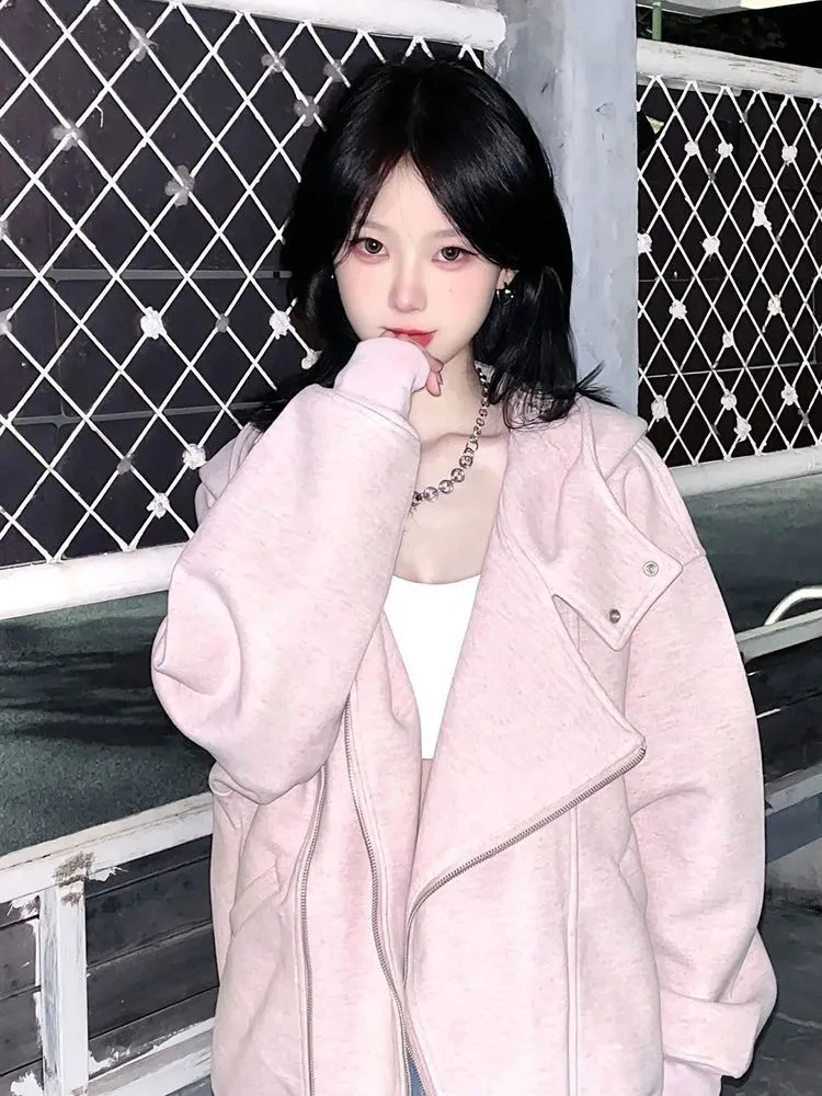 

Pure Cotton Hooded Jacket Women Spring Autumn Pink Streetwear Zipper Jackets Korean Casual Irregular Design Hottie Vintage Coats