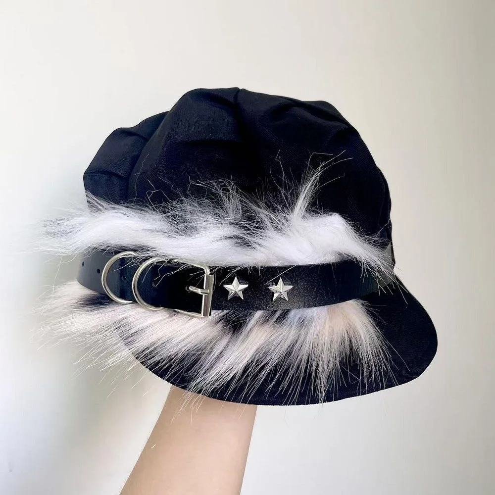 หมวกเบเร่ต์สไตล์ฮาราจูกุ กอธิค โลลิต้า สำหรับผู้หญิง หมวกทรงแปดเหลี่ยม แต่งขนเทียม หนัง PU พร้อมหัวเข็มขัด สไตล์พังก์ Y2K