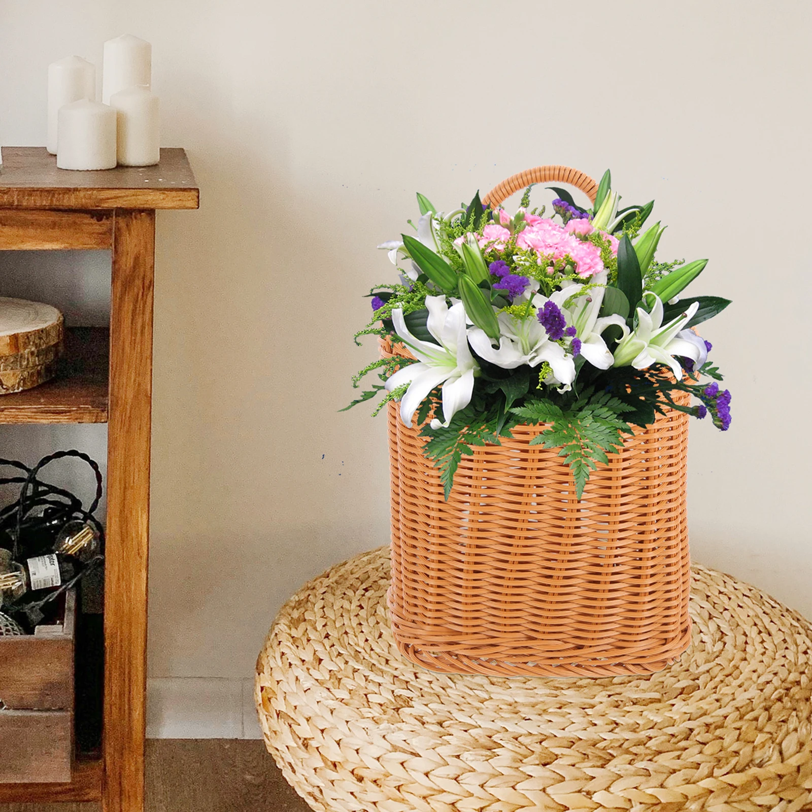 

Plastic Wall Hanging Flower Basket Decorative Storage Basket Hand Woven Imitation Rattan Rustic Sundries Organizer Home Kitchen