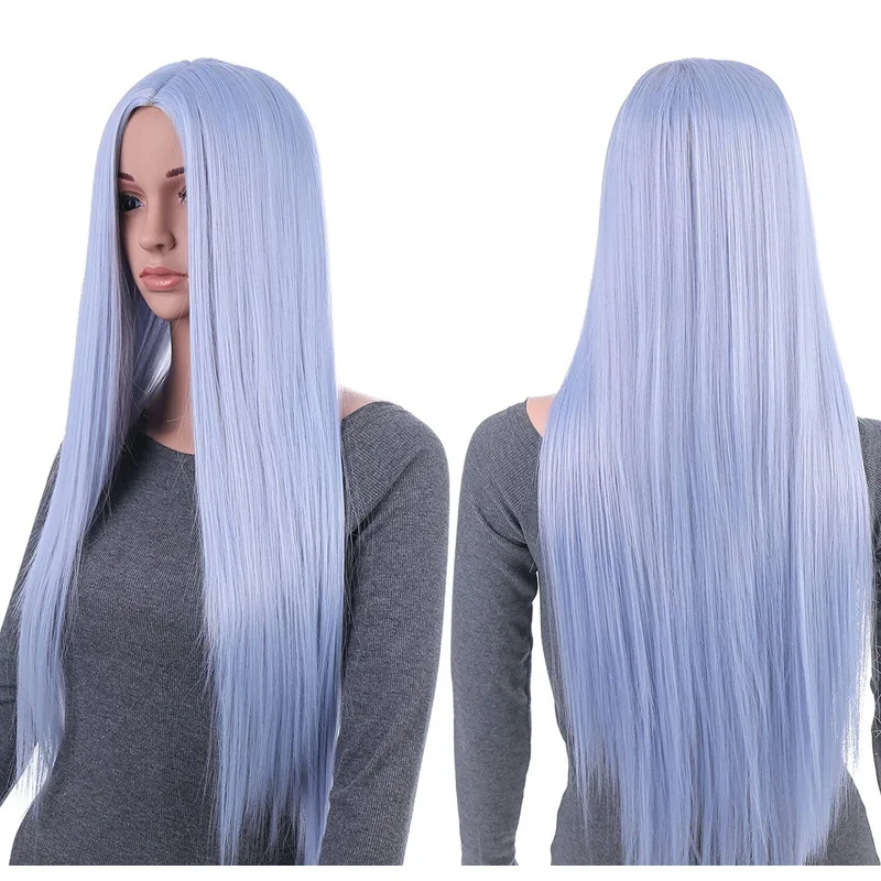 Onedor Straight 31 Inch Long Synthetic Hair Full Head Cosplay Wig (Silver Blue)