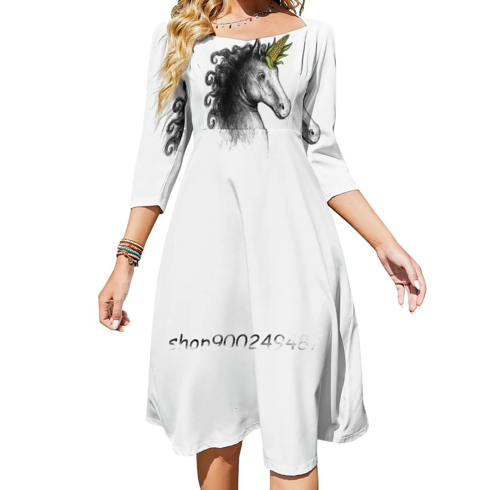 Unicorn Women Casual High Waist Mini Dress Short and Long Sleeve Dresses Fashion Dress Unicorn Corny Pun Humor Corn Horse