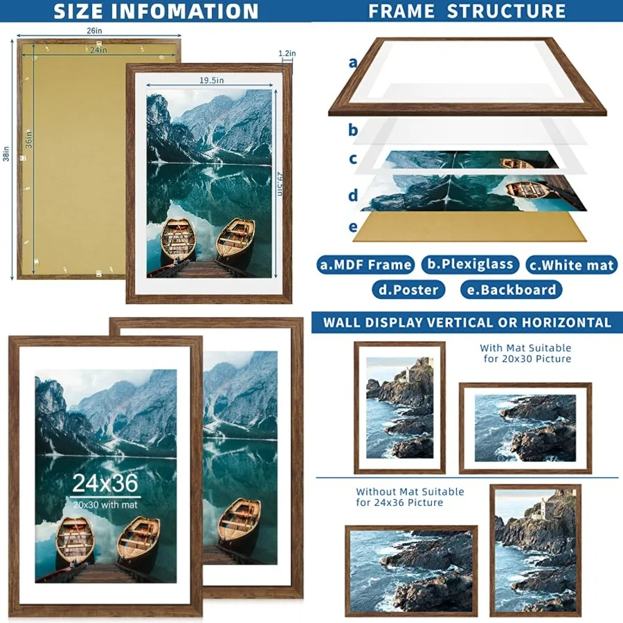 

24x36 Poster Frame Set of 2, Rustic Brown Wood Style - Display 20x30 Picture with Mat or 24 x 36 Poster without Mat, Wall Mounting Horizontal and Vertical