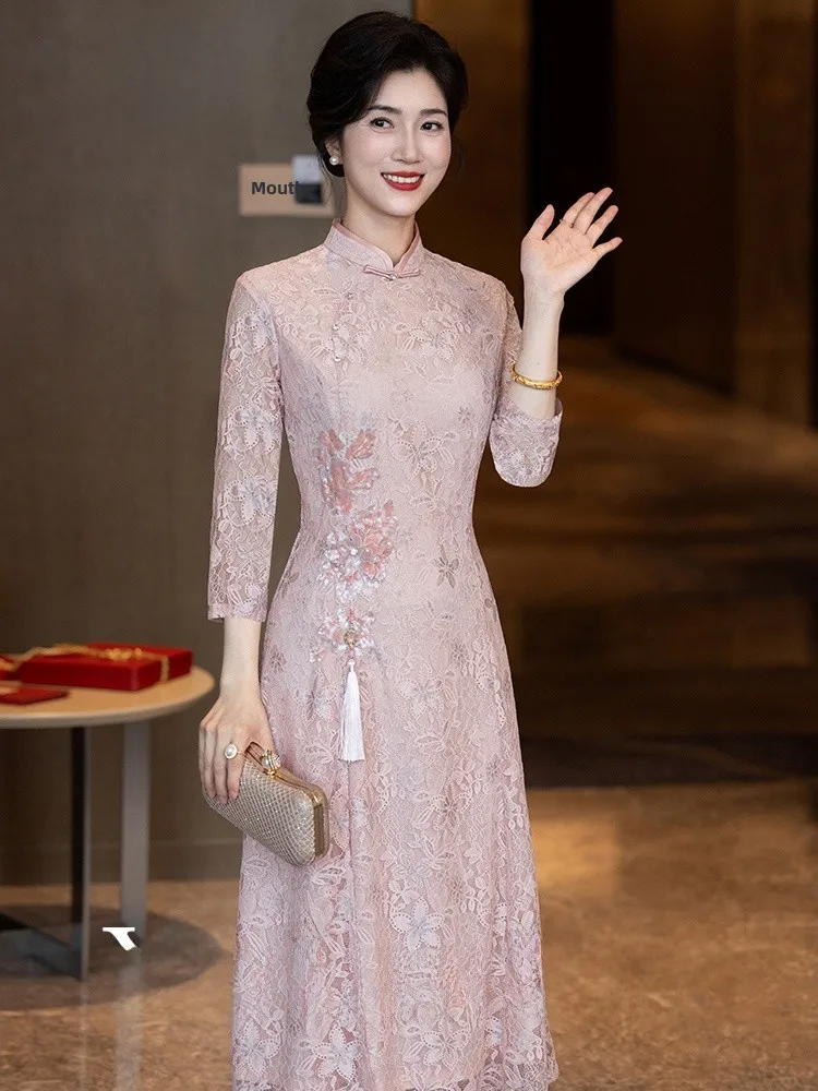 

October Wedding Dr Pink Austen Long Sve Lace Evening Gown Vintage Sle Mid-Length Qipao for Mom Breathable P...