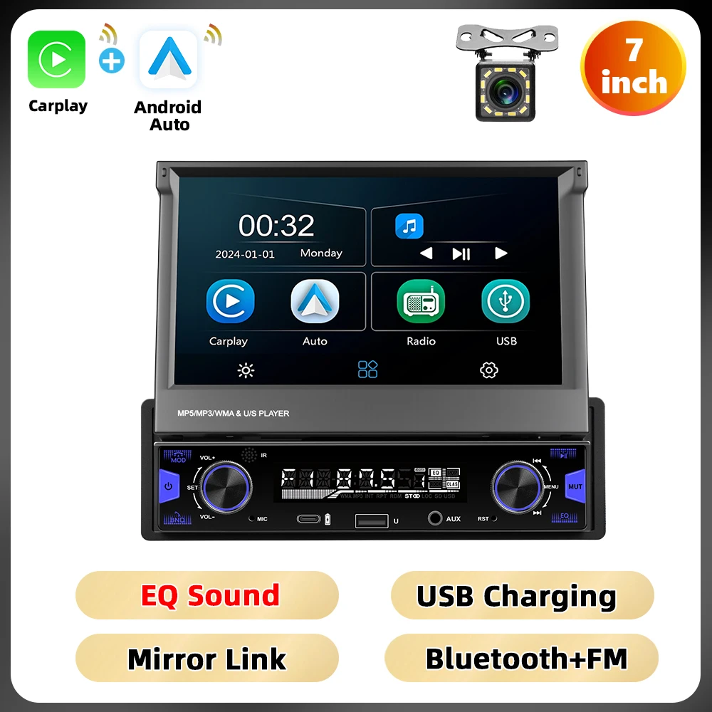 Podofo 7'' 1Din Intrekbaar Scherm EQ Geluid FM/AM/RDS Multimedia Speler Carplay Android Auto Bluetooth Type-C USB SWC Auto Audio - afbeelding 1