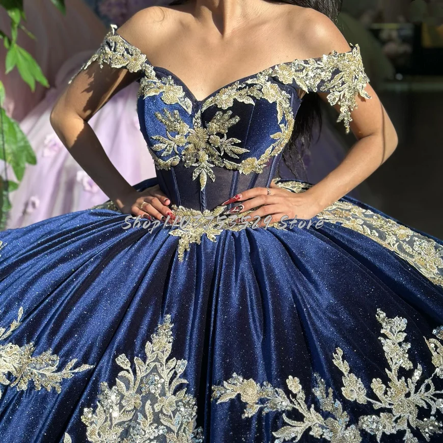 Elegant Navy Princess 15 Quinceanera Dresses Sparkling Card Shoulder Appliqué Sequins Tie Ruffled Tiered Tulle Ball Gowns