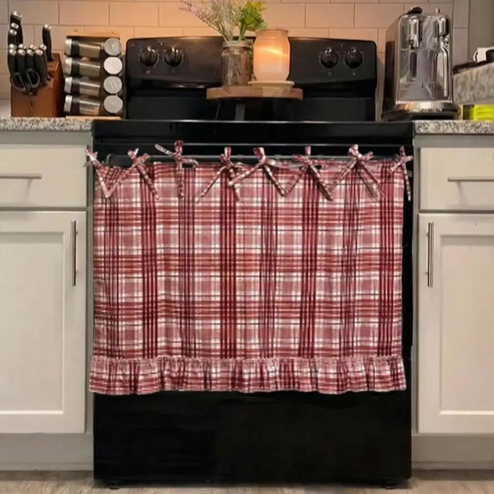 Hide Clutter Handmade Oven Skirt Heat-Resistant Ruffle Trim Oven Cover Plaid Rustic Decorative Oven Door Curtain Cottage Kitchen
