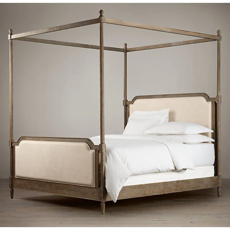 English classical solid wood bed with carved French countryside vintage linen furniture, American minimalist solid wood