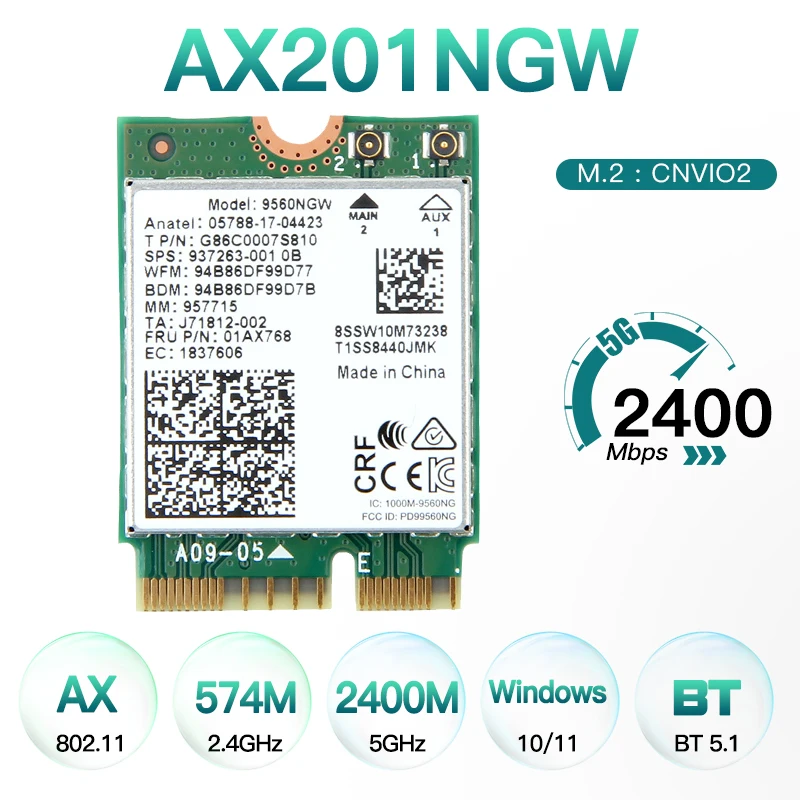 AX201 Wi-Fi6 M.2 Clé E CNVINings touristes Bande 2.4G/5 mesurz Carte Adaptateur Sans Fil 1/802 ac/ax Compatible Bluetooth 5.0 Pour Windows 10