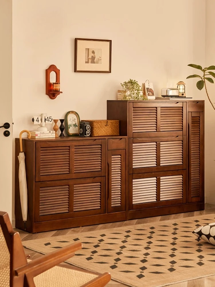

Nordic solid wood shoe cabinet household retro storage cabinet ultra-thin indoor door against the wall