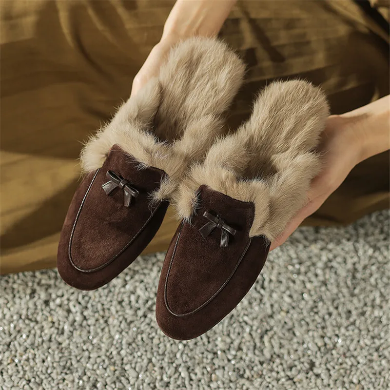 2023 Winter Sheep Suede Women Shoes Rabbit Hair Mules Shoes for Women Round Toe Slippers Chunky Heel Cover Toe Slippers Shoes