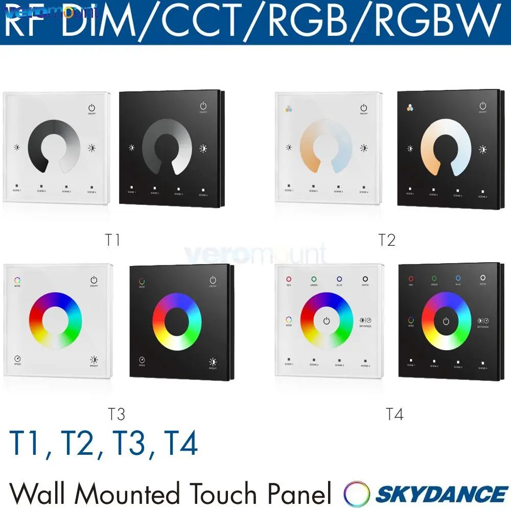 Skydance T1 T2 T3 T4 Wall Mount Touch Panel LED Controller 2.4G Wireless Remote for 12V 24V DC Single Color/CCT/RGB/RGBW Strip