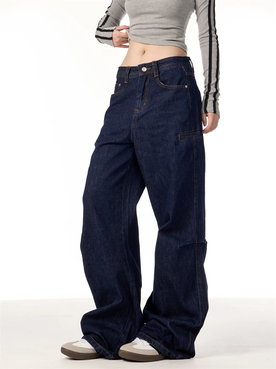 

Свободные женские прямые джинсы, темно-синие повседневные широкие брюки для рабочей одежды, винтажная американская осенняя коллекция