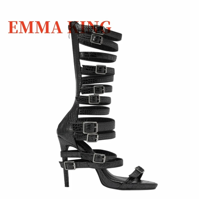 Faux Leather Gladiator Stiletto Sandals,Multi-strap Design Heeled Sandals,Embossed Faux Leather Round Toe Sandals 35-44