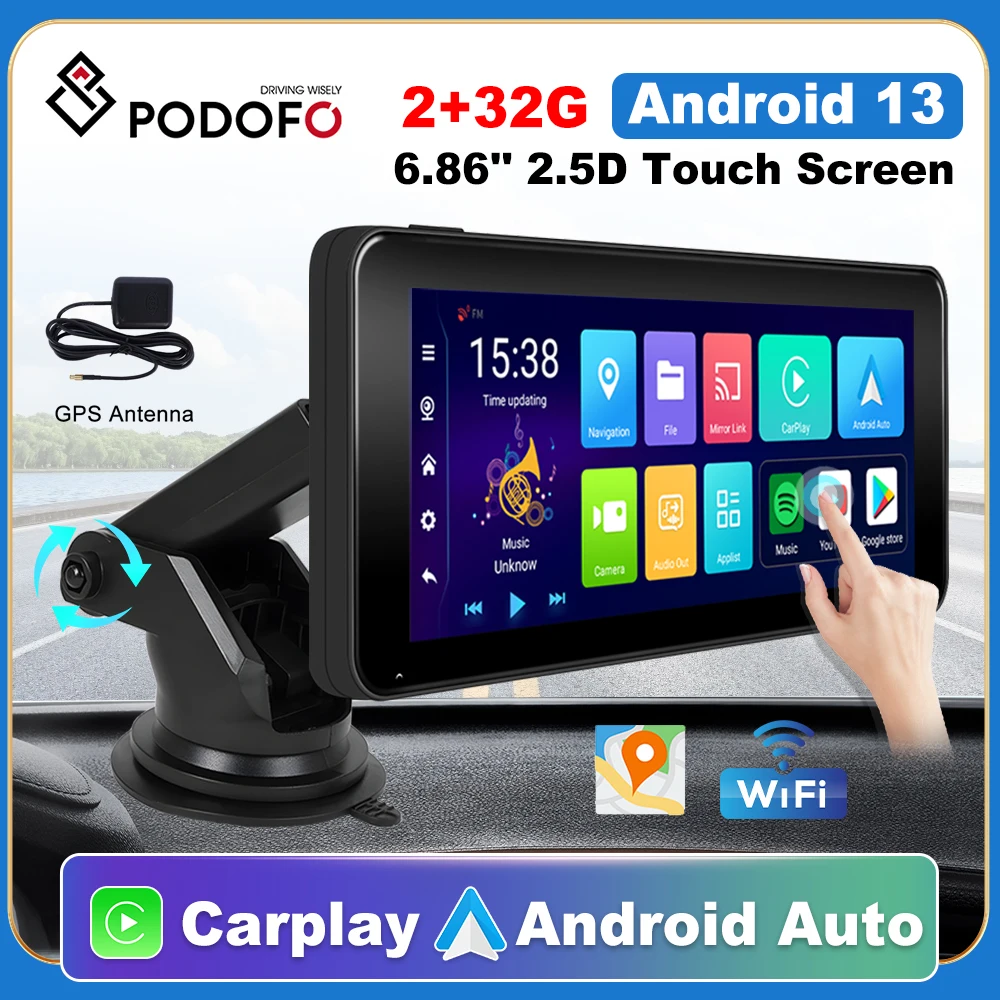 

Podofo 6.86" Android CarPlay Car Video Player Suppport Rear Camera GPS Navigation Recording 2+32G Android Auto Apple Airplay