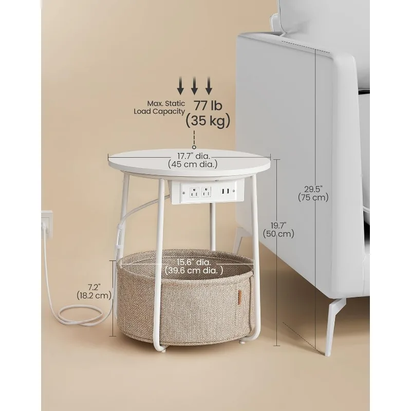 Side Table with Charging Station, Round End Table with Fabric Basket, Nightstand with Power Outlets USB Ports, for Living Room,