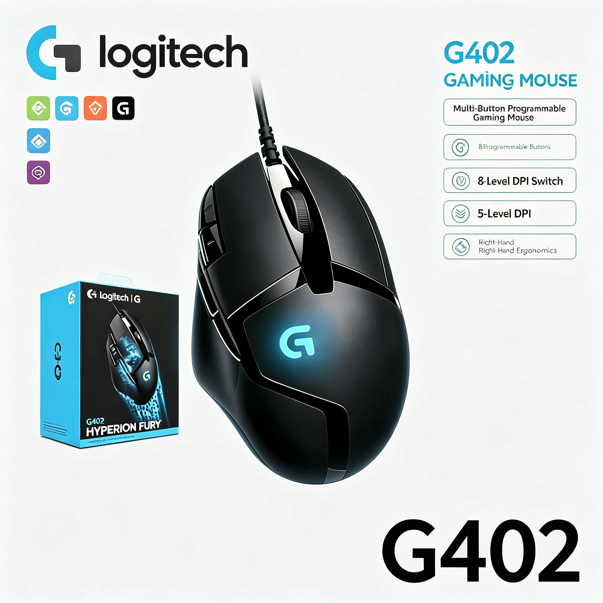 Logitech G402 Hyperion Fury Wired Gaming Mouse RGB Backlit 8 Programmable Buttons For MOBA FPS PC Gamer