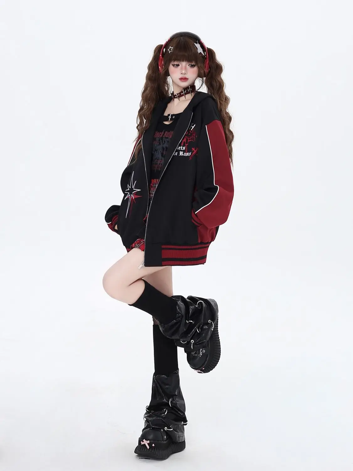 Gothic Aesthetic Streetwear Women Baseball Jacket Y2k Cat-Ear Black-Red Hooded Autumn Versatile Print Coat Bomber Jacket Women