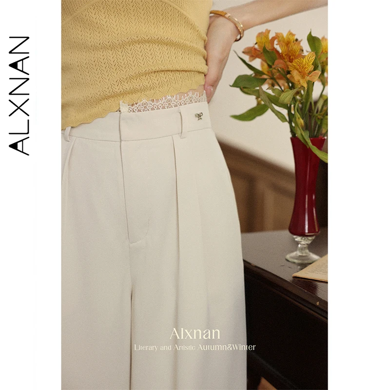 ALXNAN Women's Pants Straight Wide-leg Office Lady Baggy Pants Autumn Light Apricot Lace-paneled Waist Casual Trousers L56771