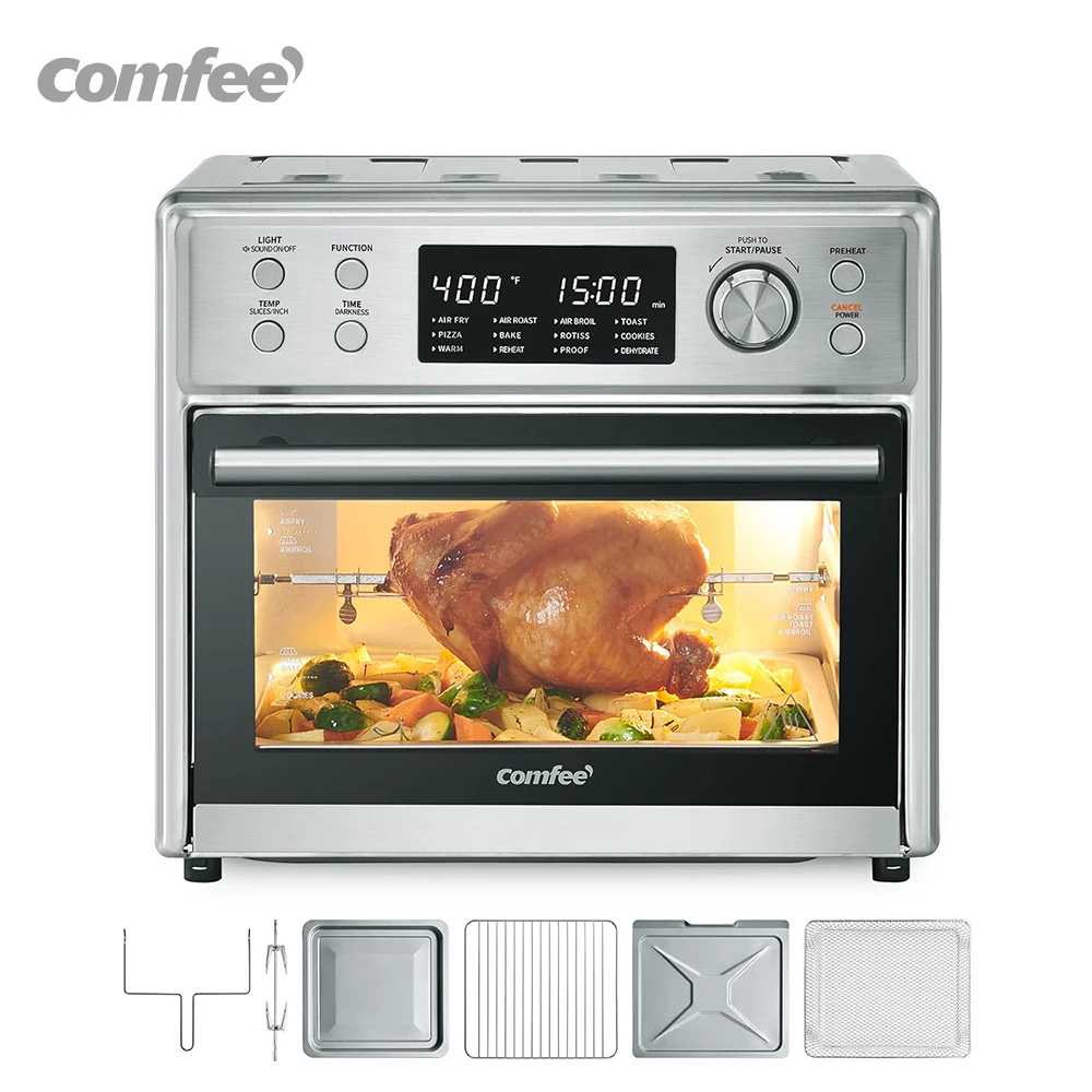 COMFEE' 12-in-1 Toaster Oven Air Fryer Combo with Rotisserie 26.4QT 6 Slice Toast 12' Pizza Double Layer Countertop Convection