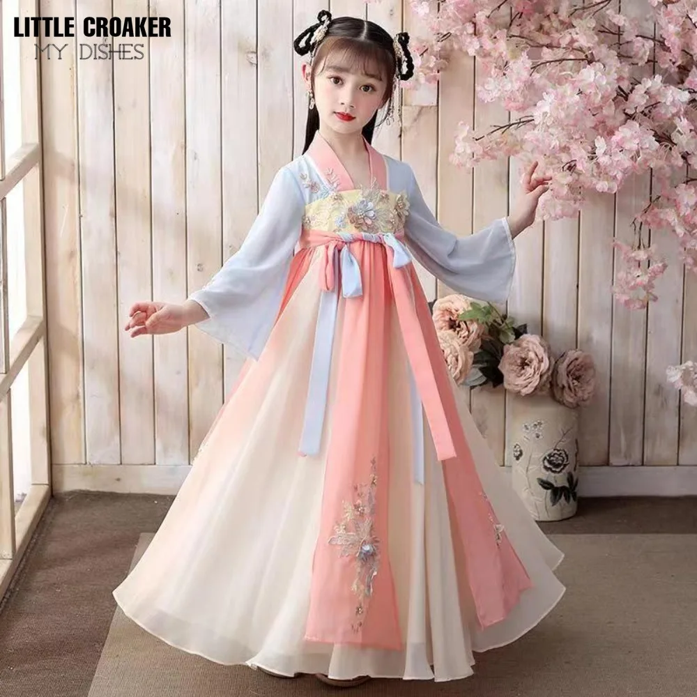 Chinese Traditional Clothes Kids Girl Hanfu Long Sleeve Princess Dress with Hair Accessories Children's Ancient Costume Cosplay