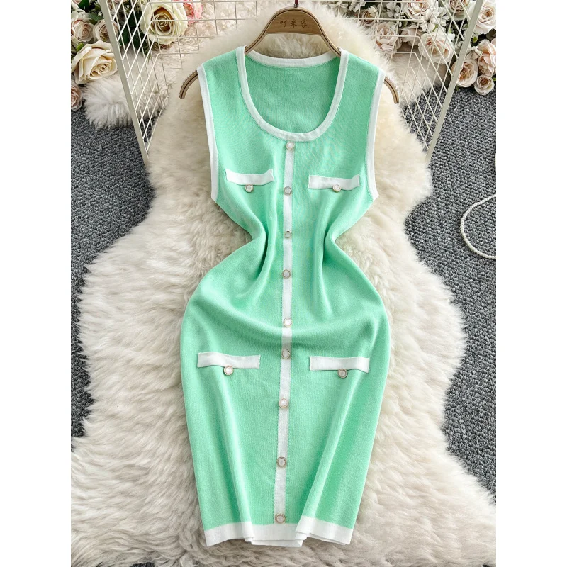

women 2025 slim chic summer button knitted bodycon short dress casual party U Neck sheath sleeveless dresses tank club vestidos