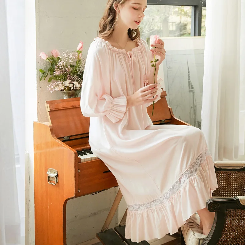 Sweet Lace Cotton Night Dress Women Long Robe Peignoir Vintage Victorian Nightgowns Princess Sleepwear Plus Size Sleeping Dress