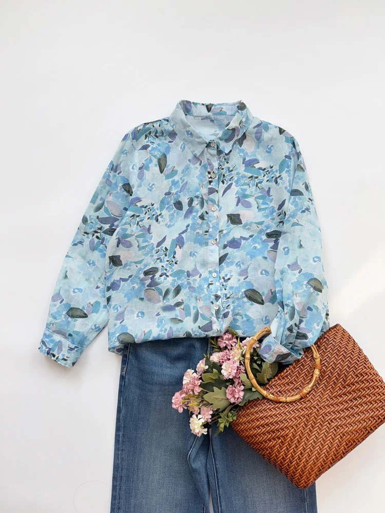 

Retro Hong Kong Sle Loose Cotton Linen irt Women's Spring 2025 Casual Slimming Print Top Collar Long Sve