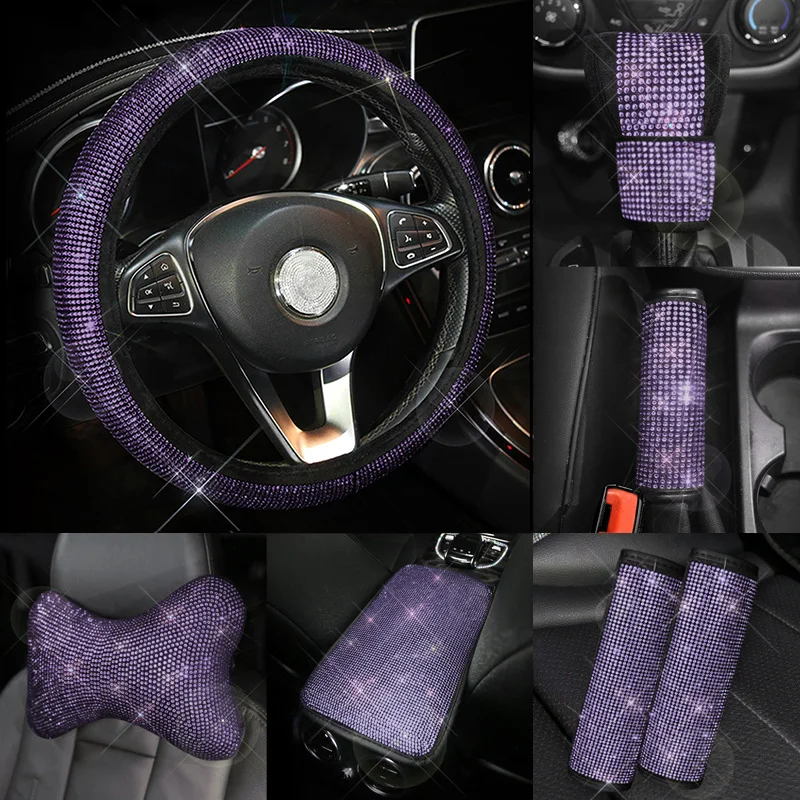 2023 Car Light Purple Diamond Handbrake Gear Cover Seat Belt Shoulder Cover Steering Wheel Headrest Cover Luxury Car Interior