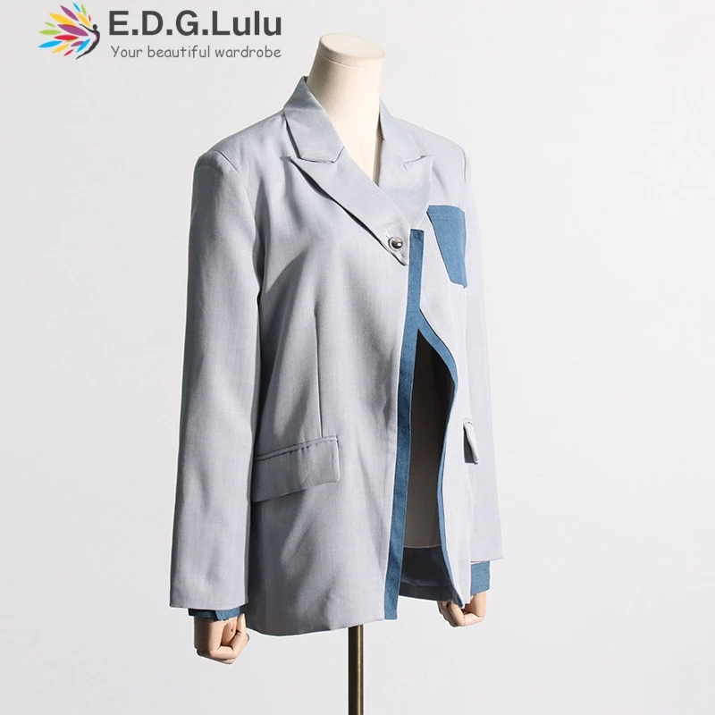 Edglulu feminino turn-down colarinho manga longa blazer nova moda design solto retalhos terno escritório senhoras casaco feminino jacket1212